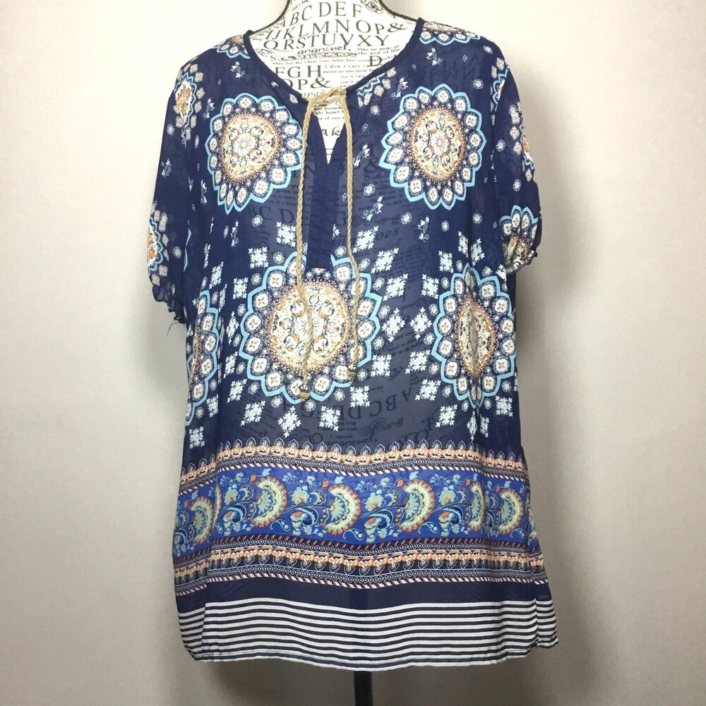 Blue paisley mandela sheer top short sleeve plaited tassel with beads hippie XXL